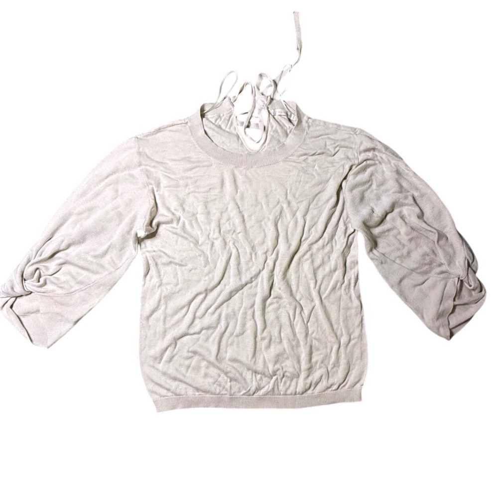 Ellison Beige Knit Tie Back Sweater 3/4 Sleeve Ruched Cuff Top Large‎